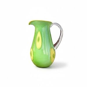 Artisan Green Hand Blown Glass Pitcher with Yellow Coin Dots
